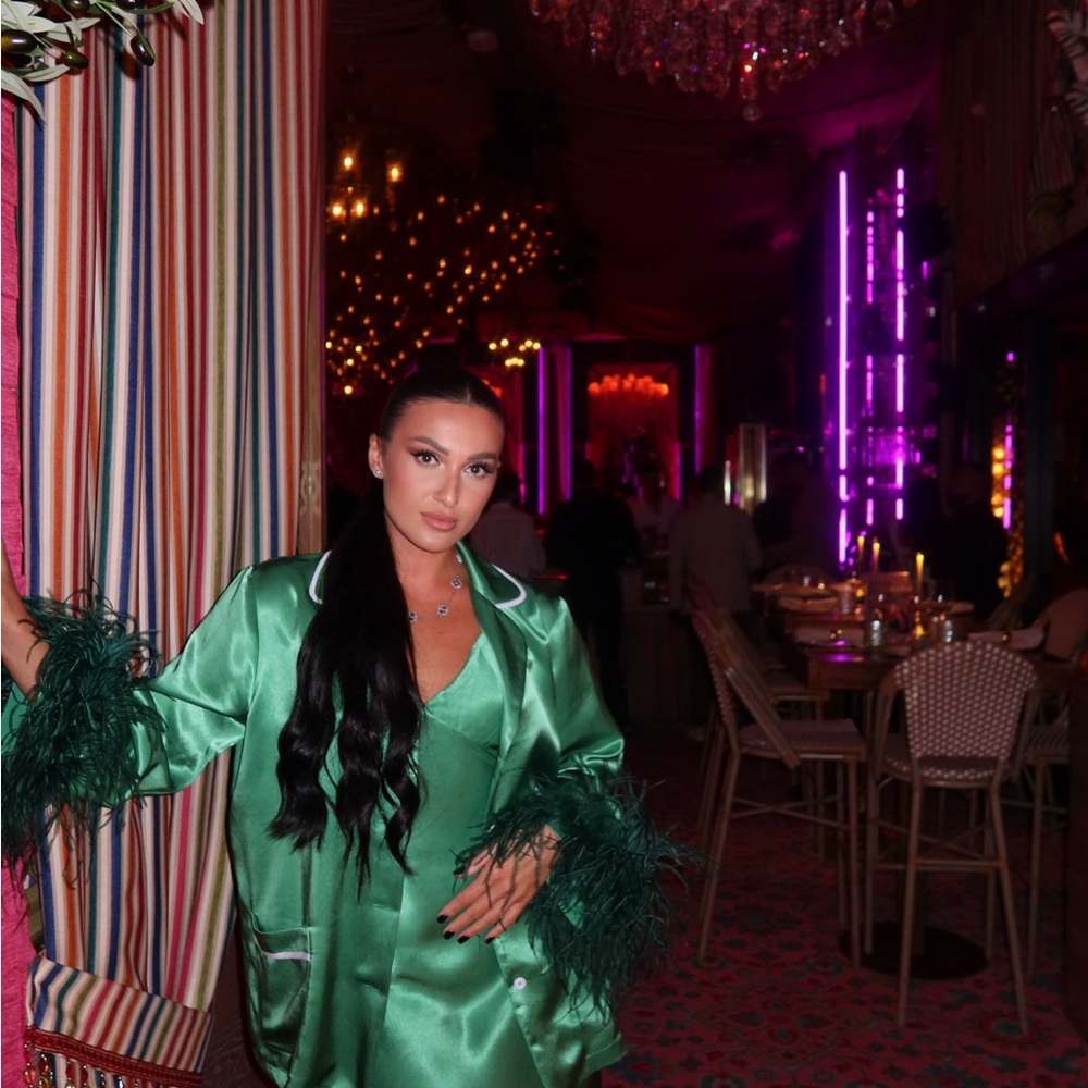 Satin Feather-Trim Green Pajama Jacket